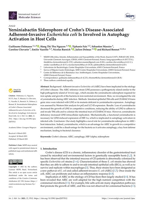 Pdf Yersiniabactin Siderophore Of Crohns Disease Associated Adherent Invasive Escherichia