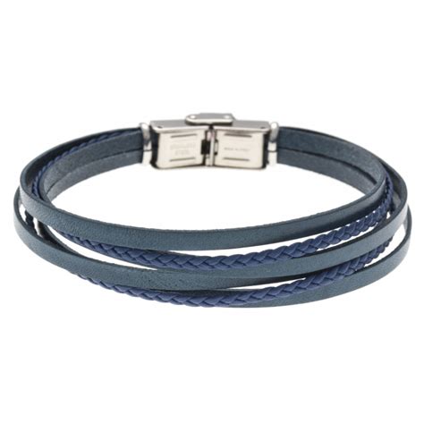 Bracelet acier cuir et cuir tressé bleu italien 6 rangs 21 5cm