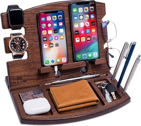 TESLYAR Wood Phone Docking Station Natural Ash Phone Key Holder Wallet