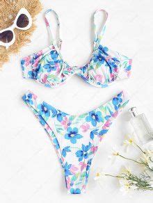 Zaful Ribbed Floral High Leg Underwire Bikini Swimwear In Blue Zaful