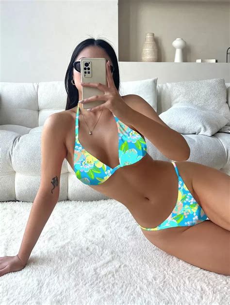 SHEIN Swim Summer Beach Floral Print Bikini Set Halter Triangle Bra Thong Bottom Neon Bikini