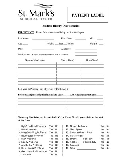 Fillable Online NEUROSURGERY PATIENT QUESTIONNAIRE HISTORY AND PHYSICAL