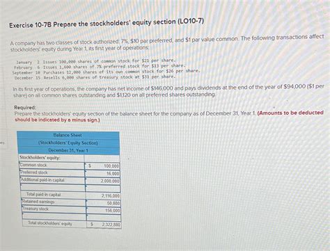 Solved Exercise 10 7B Prepare The Stockholders Equity Section LO10