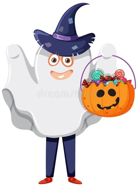 A Boy Wearing Ghost Costume Halloween Trick Or Treat Stock Illustration