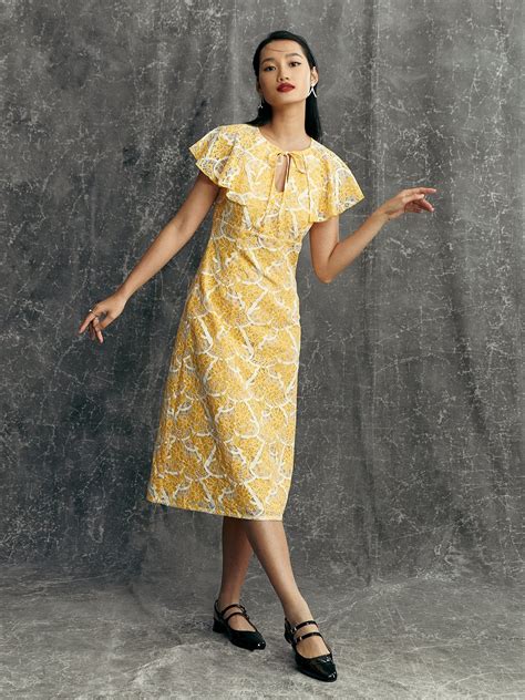 Tie Neck Cap Sleeve Midi Dress Yellow Pomelo Fashion