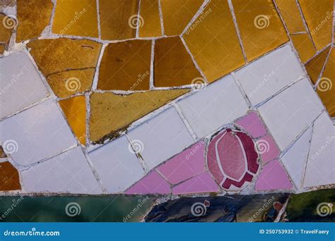 Broken Glass Ceramic Tile In Park Guell Barcelona Spain Stock Photo