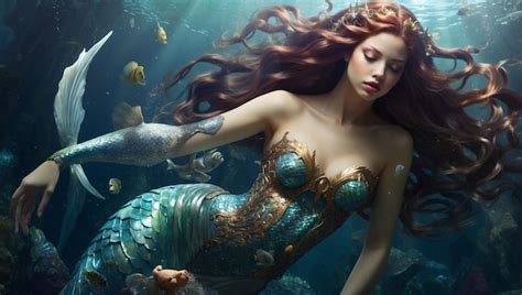 Premium AI Image | Beautiful mermaid siren with long brown hair in the ...