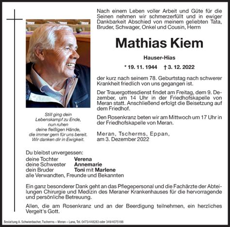 Traueranzeigen Von Mathias Kiem Trauer Bz