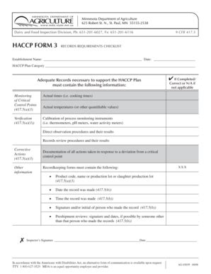 Fillable Online Mda State Mn Haccp Form Records Requirements