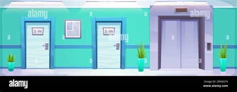 Hospital corridor with room door vector cartoon background. Emergency ...