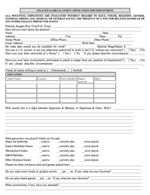 Fillable Online ATLANTIS GAMES COMICS APPLICATION FOR EMPLOYMENT Fax