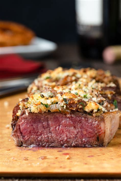 Blue Cheese Crusted Steak With Balsamic Shallots Striped Spatula