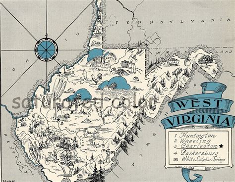 West Virginia Map Vintage Map Art High Res DIGITAL IMAGE of a 1930s ...