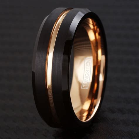 Two Tone Black And Rose Gold Tungsten Ring W Rose Gold Stripe Inner Band 925express