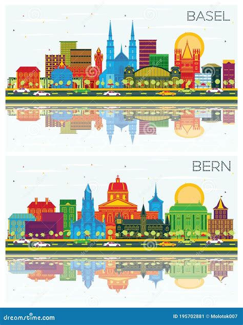 Basel And Bern Switzerland City Skylines Silhouette Set With Black