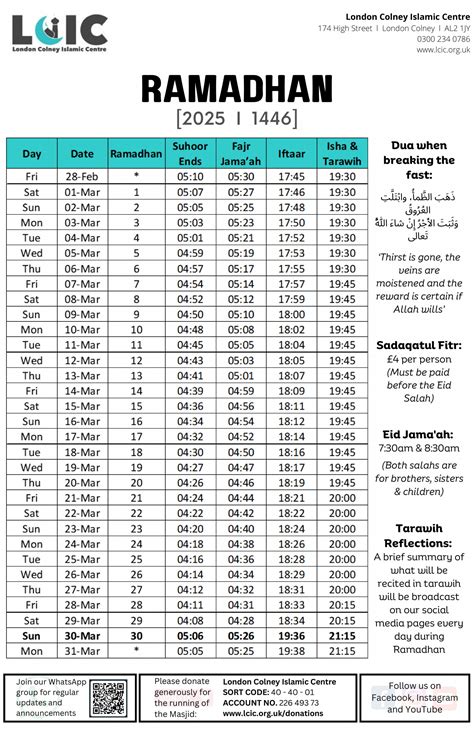 Ramadan 2025 Timetable – London Colney Islamic Centre