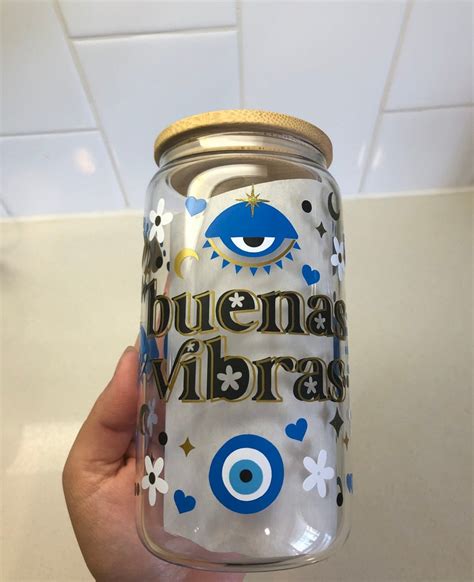 Buenas Vibras Glass Cup Mal De Ojo Evil Eye Glass Cup With Lid And