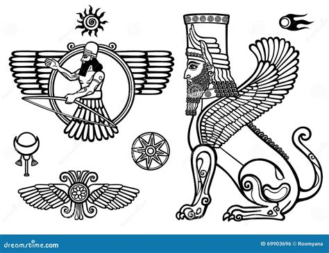 Set Of Figures Of The Assyrian Mythology: Sphinx, Winged God, Solarises ...