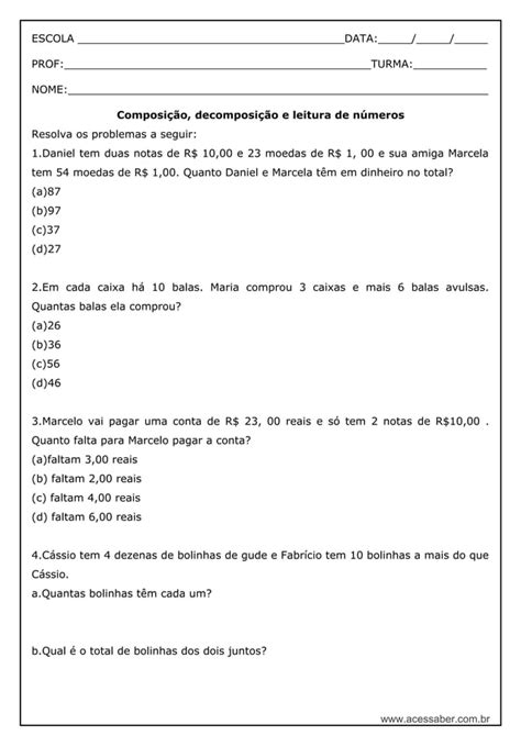 Atividade De Matemática Composição E Decomposição Dos Números Naturais 3º Ano Pdf