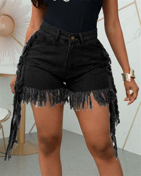 High Waist Pocket Tassel Denim Shorts P9153917006 Denim Chic Jeans