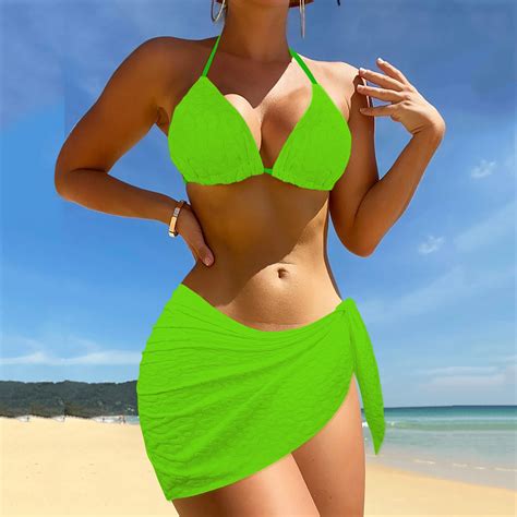 AYA 2024 Women S 3 Piece Metallic Swimsuits Halter Triangle String Bikini Set With Beach Skirt