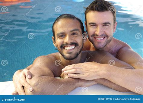 Gorgeous Interracial Gay Couple In Swimming Pool Stock Photo Image Of