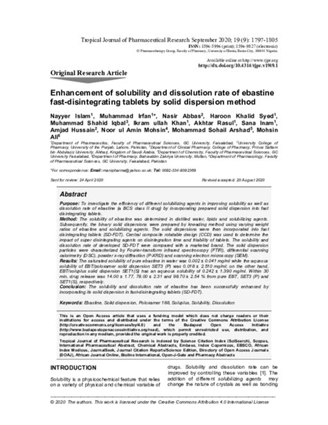 Pdf Enhancement Of Solubility And Dissolution Rate Of Ebastine Fast