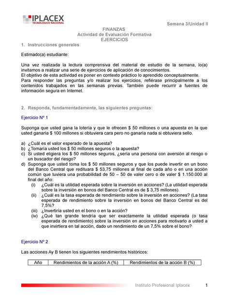 Finanzas EJ 3 Ejercicios semana 3 FINANZAS Actividad de Evaluación