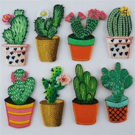 8 Type Cactus Motif Gardening Flower Plant Patch Cacti Iron Sew On