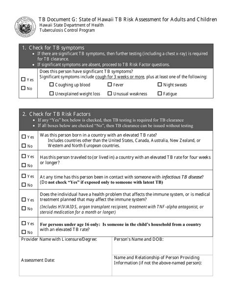 Tb Risk Assessment Form Free Printable Form