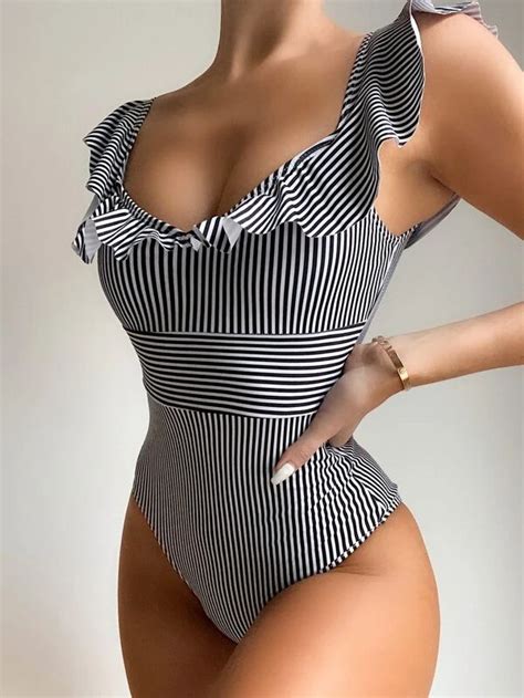 Striped Ruffle Trim One Piece Swimsuit Shein Usa Unique Swimwear One