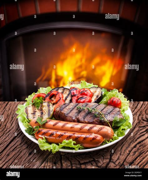 Products Grill Steak Sausage And Vegetable On A Plate Stock Photo Alamy