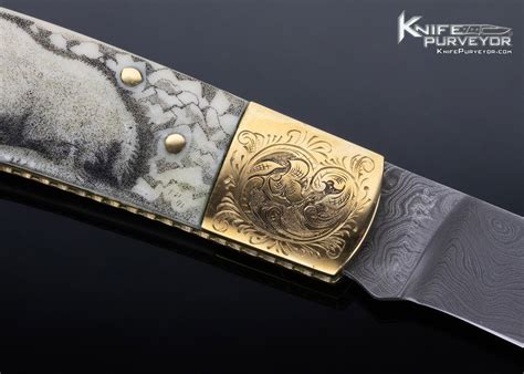 G Little Custom Knife Damascus Engraved Brass Bolster Scrimshawed Fossilized Walrus Lockback