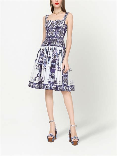 Dolce Gabbana Majolica Print Corset Midi Dress Blue FARFETCH UK