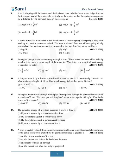 Work Energy And Power Neet Questions With Solutions Previous Year