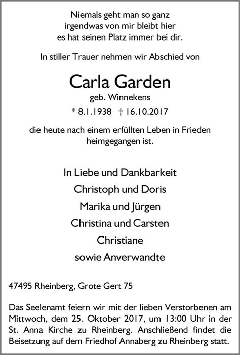 Traueranzeigen Von Carla Garden Trauer In Nrw De