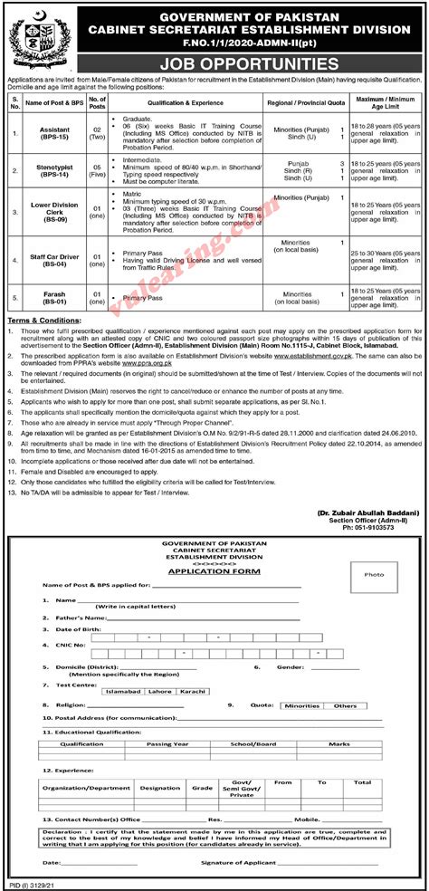 Cabinet Secretariat Establishment Division Islamabad Jobs For