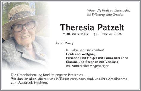 Traueranzeigen Von Theresia Patzelt Allg Uer Zeitung