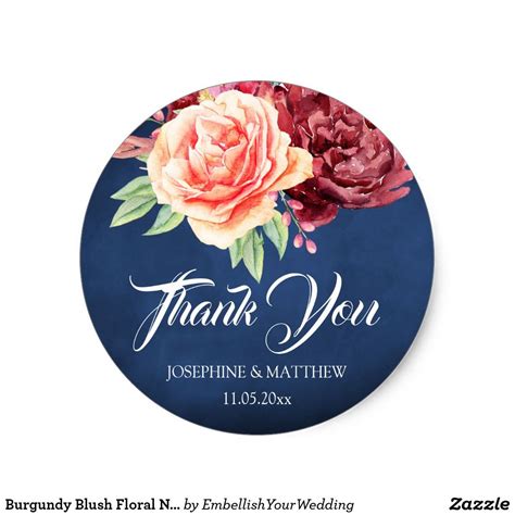 Burgundy Blush Floral Navy Wedding Thank You Classic Round Sticker