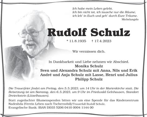 Traueranzeigen Von Rudolf Schulz Trauer Gnz De