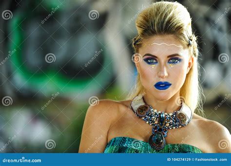 Close Up Outdoor Fashion Portrait Of Sensual Beautiful Model Stock