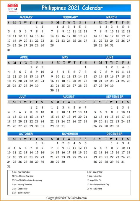 Philippines Calendar 2021 With Philippines Public Holidays