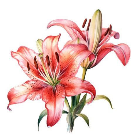 Premium AI Image Realistic Watercolor Lily Flowers On White Background