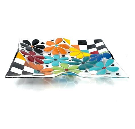 Colored Flowers Glass Art Platter Fused Glass Art Bowl Fused Glass