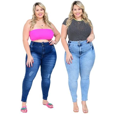 kit 2 calças femininas plus size jeans cintura alta lycra envio