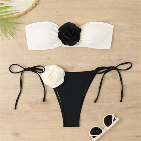 ชดวายนำ bikini ชดบกน เกาะอก ตกแตงดอกไมสามมต การออกแบบสทตดกน พรอมสงจากไทย 0202