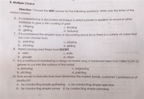 B Multiple Choice Directions Choose The Best Answer For The Following