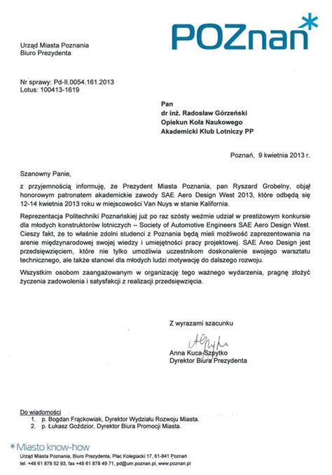 Honorowy Patronat Prezydenta Miasta Poznania 8 Kwietnia 2013 Aero