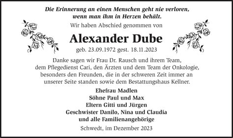 Traueranzeigen Von Alexander Dube M Rkische Onlinezeitung Trauerportal