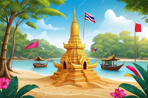 Premium Photo Songkran Festival Sand Pagoda With Flag Thailand Traditional New Year Day